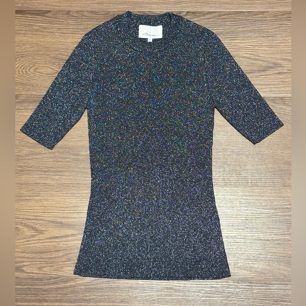3.1 Phillip Lim Metallic Knit Top Black Sparkle Fitted Designer XS Luxe